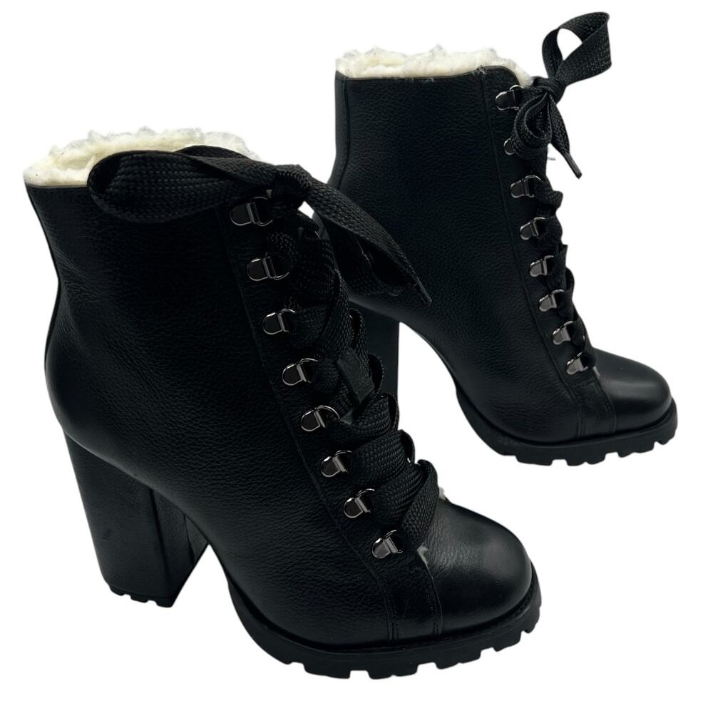 Schutz Womens 8.5 Zhara Leather Boots Black Lace Up Faux Fur Combat Lug 4.25 " - Picture 4 of 10